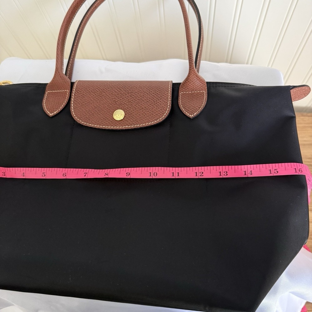 LONGCHAMP Le Pliage Black Nylon Leather Shoulder Bag Tote Zip Purse EUC - Picture 7 of 12